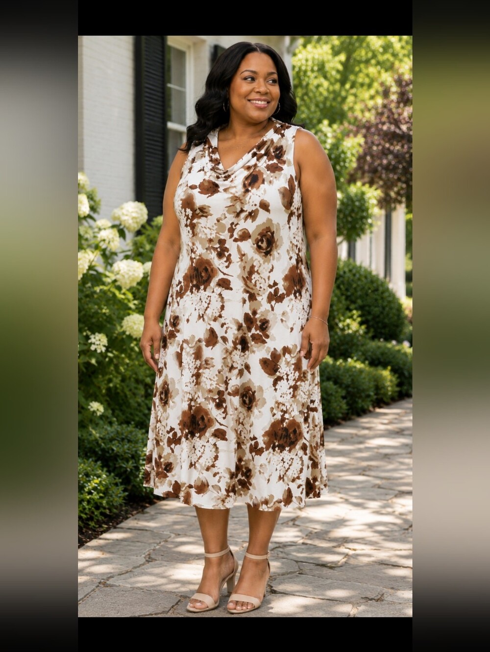 Vintage Size 2x /3x Sleeveless Cottagecore Dress Cream Floral Cowl Neck